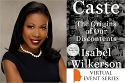 [ai] A portrait of Isabel Wilkerson, wearing a black dress and pearl necklace, alongside a promotional graphic for her book "Caste: The Origins of Our Discontents" and a note indicating it is part of Oprahs Book Club and a virtual event series.